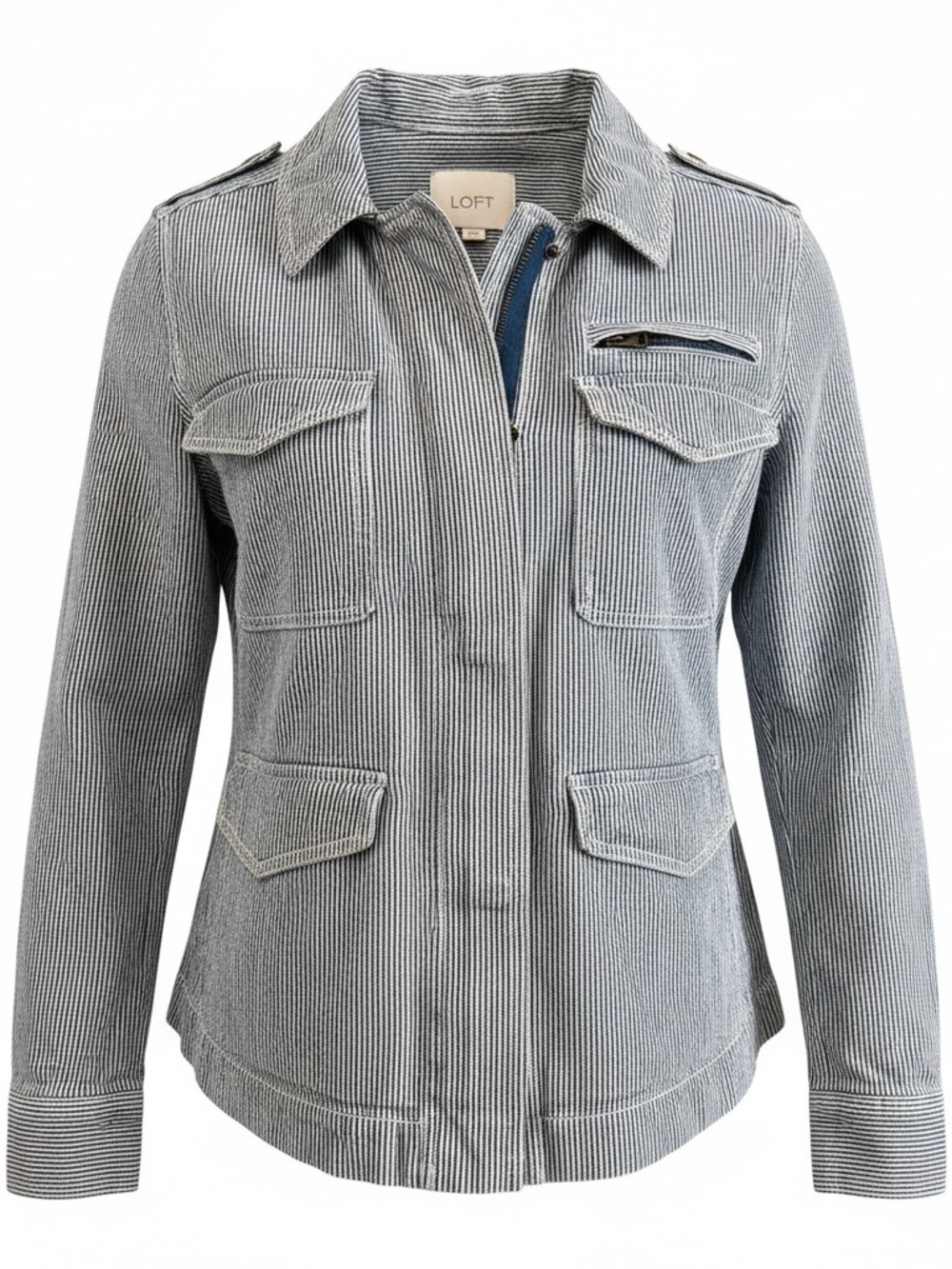 LOFT Navy and White Striped Jacket with Label Detail